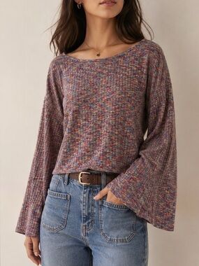 Anthropologie Multicolor Ribbed Knit Bell Sleeve Top